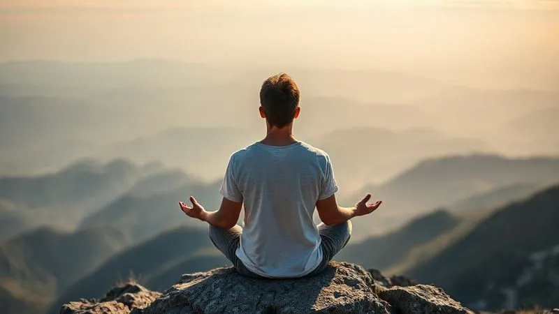 Photorealistic image of a person meditating calmly on a mountaintop overlooking a vast, inspiring landscape. The person has a serene expression, symbolizing financial peace and clarity despite the dynamic world below. Cinematic lighting, sharp focus on the person, depth of field blurring the distant mountains. 8K hyper-detailed, professional photography, shot on a high-end DSLR.