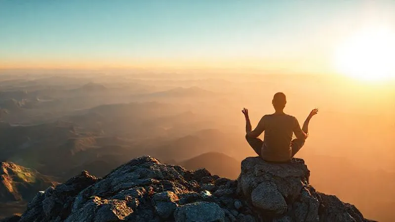 photorealistic, professional photography, 8K, cinematic lighting, sharp focus, depth of field, shot on a high-end DSLR, a person meditating peacefully on a mountain peak overlooking a vast landscape, symbolizing mental clarity and focus amidst freedom. The morning sun casts a golden glow.