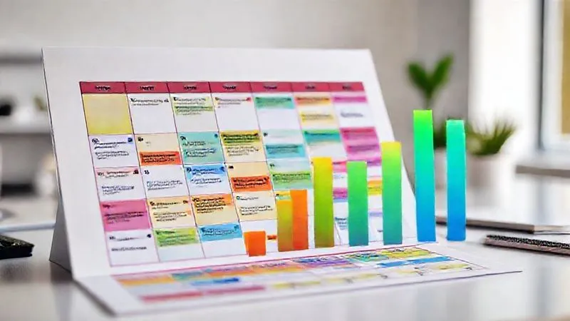 photorealistic, professional photography, 8K, cinematic lighting, sharp focus, depth of field, shot on a high-end DSLR, a vibrant, multi-colored calendar or planner with various tasks color-coded and strategically placed, overlaid with a subtle energy bar graphic, symbolizing efficient time and energy management. The background is a minimalist desk in a bright, modern setting.