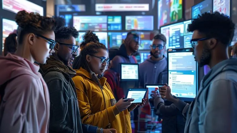 A photorealistic image of a diverse group of people from different cultures looking at various digital screens, each showing different language search results, highlighting the global nature of keyword research. Professional photography, 8K, cinematic lighting, sharp focus, depth of field.