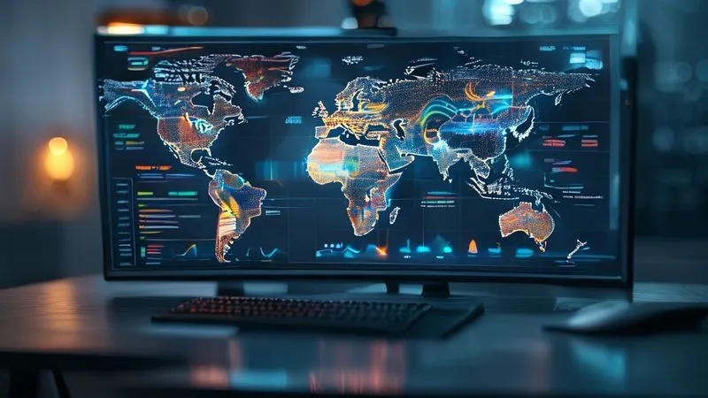 A photorealistic image of a sleek dashboard displaying global SEO metrics – a world map with heat zones indicating traffic, charts showing keyword rankings across different countries, and conversion rates. The screen is on a modern, minimalist desk. Professional photography, 8K, cinematic lighting, sharp focus, depth of field.
