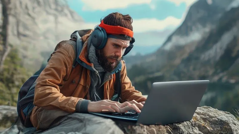 A photorealistic image of a digital nomad struggling with a weak Wi-Fi signal in a remote, scenic location, but still determinedly working on a laptop, symbolizing the challenges of connectivity. The nomad looks frustrated but resilient. Professional photography, 8K, cinematic lighting, sharp focus on the nomad, depth of field on the beautiful but remote background.