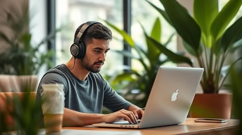 A photorealistic image of a digital nomad deeply focused on a laptop screen, wearing noise-canceling headphones, in a minimalist yet comfortable coworking space in Bali, tropical plants in the background, soft natural light, sharp focus on the individual and laptop, depth of field blurring the background, professional photography, 8K, shot on a high-end DSLR.