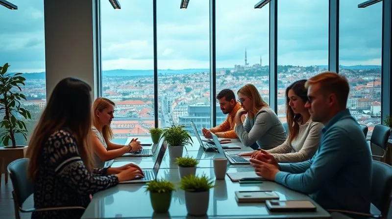 A photorealistic image of a vibrant, modern coworking space filled with diverse digital nomads, some collaborating, others focused individually. Large windows overlook a scenic European city. Professional photography, 8K, cinematic lighting, sharp focus on the collaborative energy, depth of field blurring the city view, shot on a high-end DSLR.