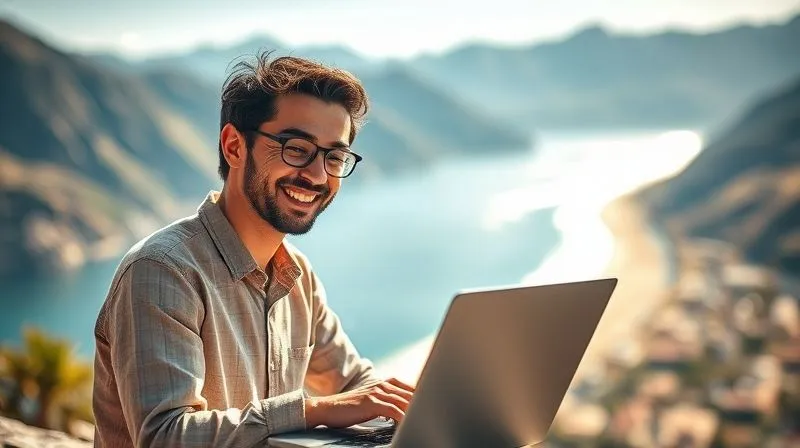 A photorealistic image of a digital nomad smiling, closing a laptop after a productive work session, looking out at a breathtaking natural landscape (e.g., mountains or a beach), bathed in warm afternoon light. Professional photography, 8K, cinematic lighting, sharp focus on the joyful expression, depth of field blurring the majestic scenery, shot on a high-end DSLR.