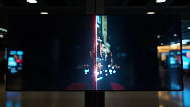 A photorealistic image of a split screen showing two different versions of a digital advertisement side-by-side, with subtle holographic data overlays indicating performance metrics (CTR, conversion rate). One side is slightly brighter and more vibrant, suggesting better performance. Cinematic lighting, sharp focus, depth of field, 8K hyper-detailed, shot on a high-end DSLR.