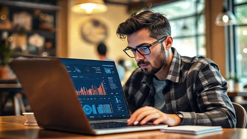 A photorealistic image of a digital nomad intently analyzing a complex dashboard of financial data and marketing metrics on a laptop screen, with a blurred background of a vibrant co-working space or café in an exotic location. The screen displays clear charts and graphs showing positive ROI. Cinematic lighting, sharp focus on the laptop and nomad's face, depth of field, 8K hyper-detailed, shot on a high-end DSLR.