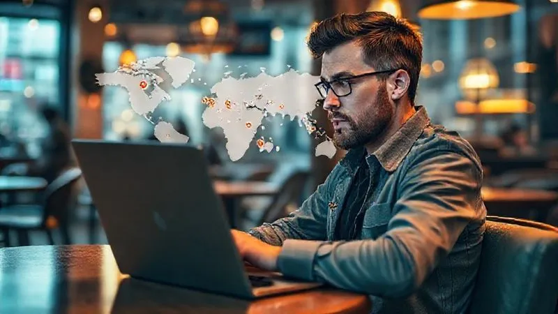 A photorealistic image of a digital nomad, laptop open, looking thoughtfully at a world map with various locations highlighted, symbolizing strategic planning and adaptability. The setting is a cozy cafe in a bustling foreign city. Cinematic lighting, sharp focus on the nomad and map, depth of field blurring the background, 8K, professional photography, shot on a high-end DSLR.