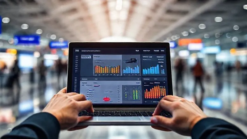 A photorealistic dashboard displaying various ad platform interfaces (Google Ads, Meta Ads, TikTok Ads) on a single screen, with performance metrics like CTR, CPC, and conversions clearly visible. The screen is on a laptop, held by hands with a blurred background of a bustling airport lounge. Cinematic lighting, sharp focus on the screen, depth of field, 8K, professional photography, shot on a high-end DSLR.