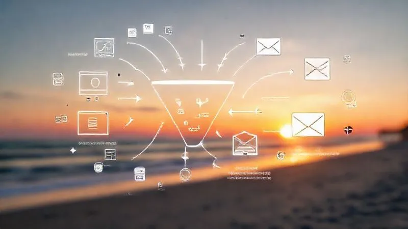A photorealistic depiction of a complex digital marketing funnel, with arrows and data flowing seamlessly between ad platforms, landing pages, email sequences, and CRM systems. The background is a blurred image of a serene beach at sunset, implying work-life balance for a digital nomad. Cinematic lighting, sharp focus on the digital elements, depth of field, 8K, professional photography, shot on a high-end DSLR.