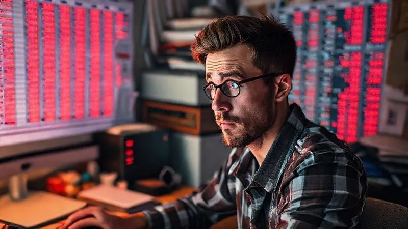 A photorealistic image of a digital nomad, looking perplexed at a complex spreadsheet full of red numbers, symbolizing common mistakes and challenges in paid traffic. The background is a messy desk in a temporary accommodation. Cinematic lighting, sharp focus on the confused expression and the screen, depth of field, 8K, professional photography, shot on a high-end DSLR.