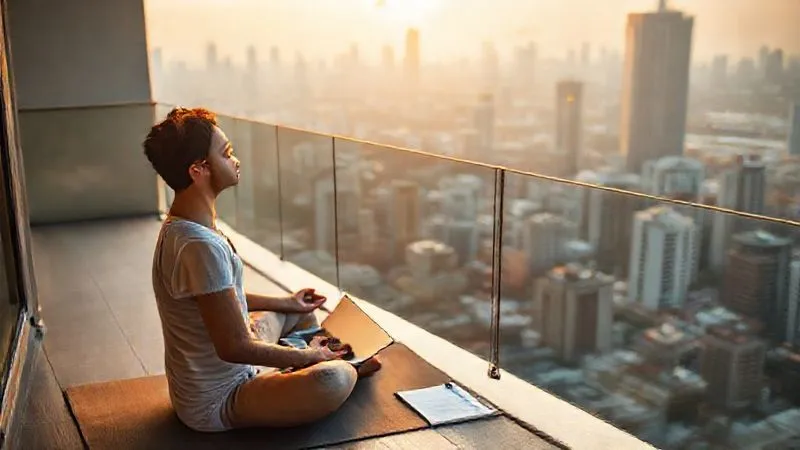 Photorealistic, professional photography, 8K, cinematic lighting, sharp focus, depth of field, shot on a high-end DSLR. A digital nomad, looking calm and thoughtful, sitting cross-legged on a yoga mat on a balcony overlooking a bustling Asian city at dawn. Their eyes are closed in meditation, with a laptop and a neatly organized planner visible but out of focus in the foreground, symbolizing inner peace amidst external chaos. Golden light illuminates the scene, evoking a sense of clarity and purpose. No text or logos.