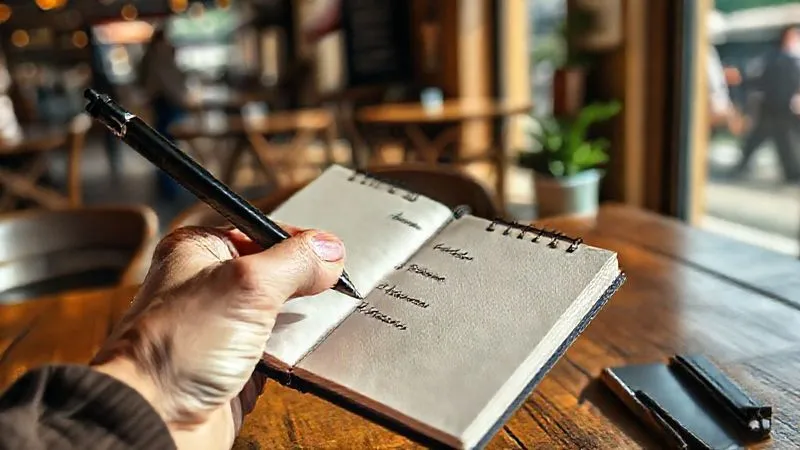 Photorealistic, professional photography, 8K, cinematic lighting, sharp focus, depth of field, shot on a high-end DSLR. A close-up shot of a hand, holding a sleek black pen, writing three concise, bolded tasks in a minimalist bullet journal. The background is softly blurred, showing a rustic wooden table in a cafe with a glimpse of a bustling street or a serene natural landscape, suggesting a focus on planning amidst travel. The lighting is bright and clear, emphasizing the act of setting intentions. No text or logos.