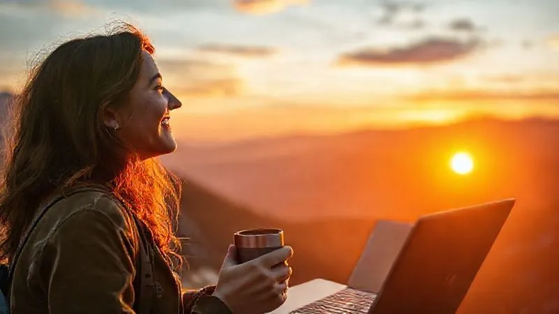 Photorealistic, professional photography, 8K, cinematic lighting, sharp focus, depth of field, shot on a high-end DSLR. A female digital nomad (Sofia), mid-20s, with a radiant smile, watching a stunning sunset over a mountainous landscape. Her laptop is closed beside her, and she holds a travel mug, clearly relaxed and accomplished after a productive day. The golden hour light bathes her face, emphasizing a sense of peace and freedom earned through effective planning. No text or logos.