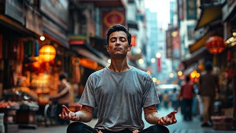 A photorealistic image of a person meditating calmly amidst a vibrant, bustling marketplace in a foreign city, symbolizing inner peace and focus despite external chaos. Cinematic lighting, sharp focus on the person, depth of field blurring the background. Professional photography, 8K, shot on a high-end DSLR.