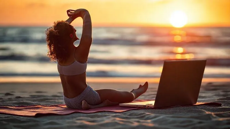 A photorealistic image of a digital nomad stretching on a yoga mat on a beach at sunset, with a laptop closed beside them, symbolizing work-life balance and intentional recovery. Cinematic lighting, sharp focus on the nomad, depth of field blurring the ocean. Professional photography, 8K, shot on a high-end DSLR.
