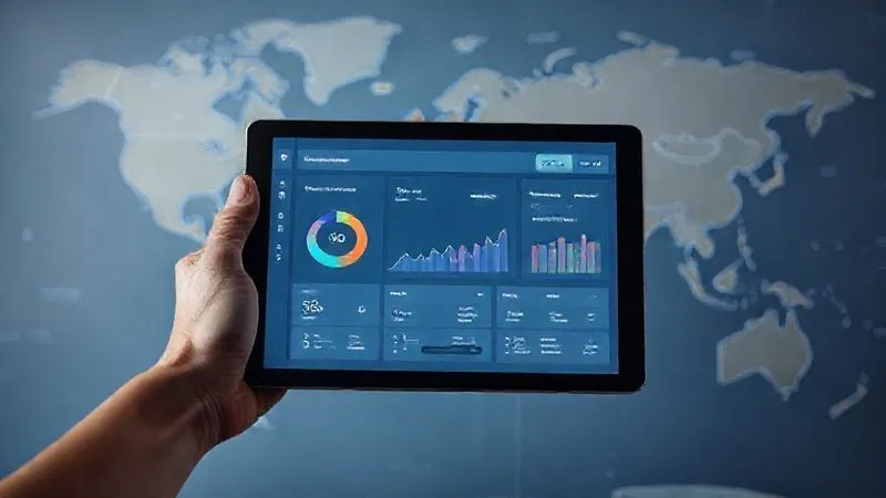 A photorealistic image of a hand holding a digital tablet displaying a simple, clean dashboard with productivity metrics (task completion rate, focus time, energy levels) against a backdrop of a world map, symbolizing global productivity tracking. Cinematic lighting, sharp focus on the tablet. Professional photography, 8K, shot on a high-end DSLR.