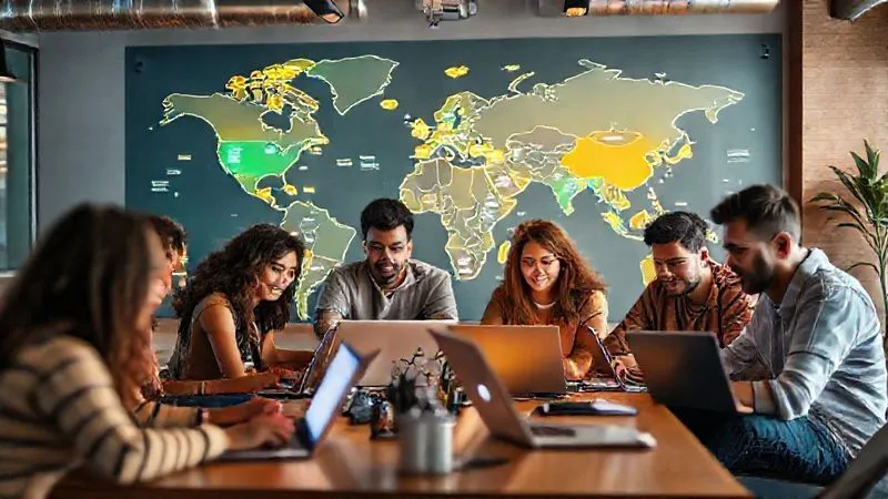 A photorealistic image of a diverse group of digital nomads collaborating on laptops in a vibrant co-working space, with a large world map on the wall behind them, showing different time zones highlighted. Cinematic lighting, sharp focus on the people and their screens, depth of field blurring the background, 8K hyper-detailed, professional photography.