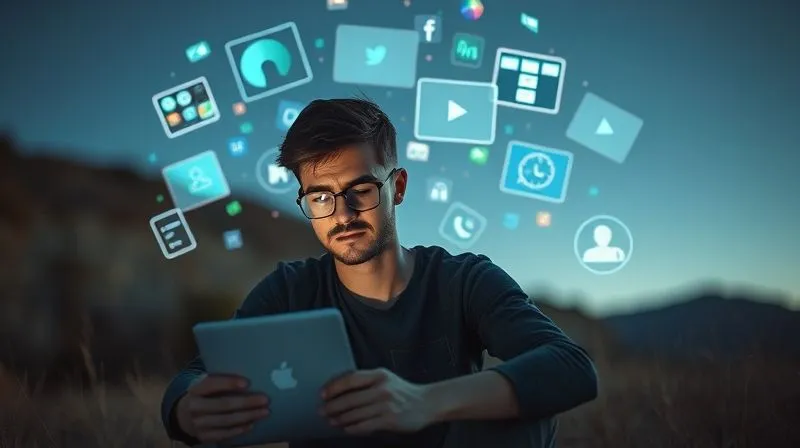 A photorealistic image of a digital nomad, a young man, looking stressed and overwhelmed by multiple glowing screens and digital tasks floating around him in a chaotic manner, while sitting in a beautiful but ignored natural landscape. Cinematic lighting, sharp focus, depth of field, 8K hyper-detailed, shot on a high-end DSLR.