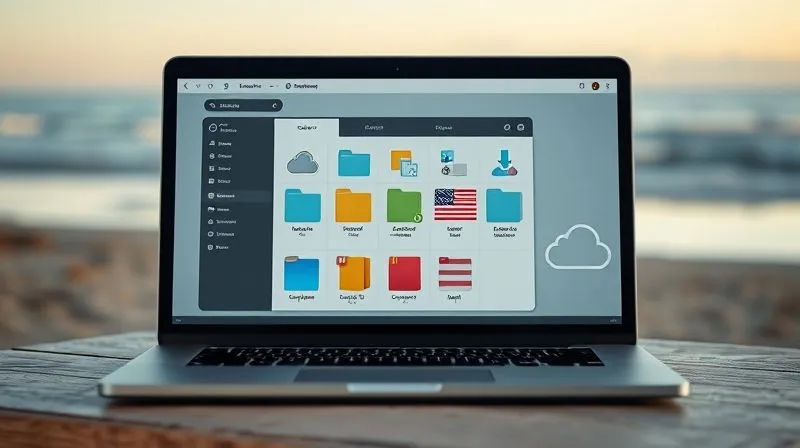 A photorealistic image of a perfectly organized digital workspace on a laptop screen, showing neat folders, color-coded files, and a subtle icon of a cloud sync in the corner, all set against a backdrop of a tranquil beach. Cinematic lighting, sharp focus on the screen, depth of field, 8K hyper-detailed, shot on a high-end DSLR.