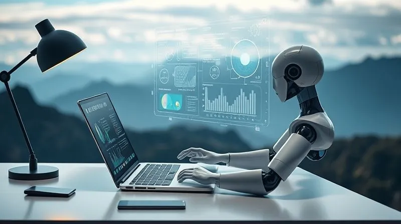 A photorealistic image of a sleek, futuristic digital nomad setup on a minimalist desk, with a laptop displaying complex data visualizations and holographic projections of AI-powered tools assisting with tasks. The nomad's hands are casually resting, indicating ease. Cinematic lighting, sharp focus on the tech, depth of field blurring a distant, serene mountain landscape, 8K hyper-detailed, shot on a high-end DSLR.
