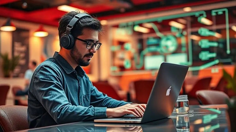 A photorealistic image of a digital nomad working efficiently on a laptop in a vibrant co-working space, surrounded by abstract representations of automated workflows and data streams, cinematic lighting, sharp focus on the person and laptop, depth of field blurring the background, 8K hyper-detailed, professional photography, shot on a high-end DSLR.