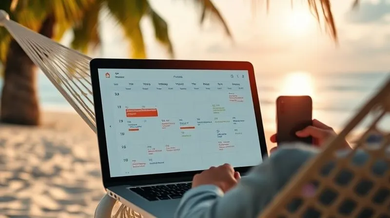 A photorealistic image of a laptop screen displaying a clean, modern calendar interface with automated meeting slots, overlaid with icons representing email automation. In the background, a person is relaxed on a hammock on a tropical beach, checking their phone, cinematic lighting, sharp focus on the screen, depth of field blurring the background, 8K hyper-detailed, professional photography, shot on a high-end DSLR.