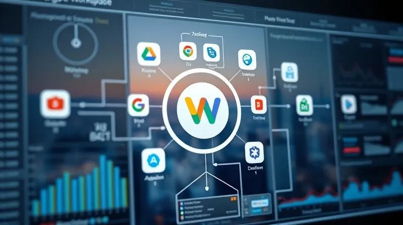A photorealistic image of a complex digital dashboard showing interconnected applications and data flows, with Google Workspace icons prominently featured alongside other popular software logos (e.g., Zapier, CRM). The overall impression is one of seamless integration and automated efficiency, cinematic lighting, sharp focus on the dashboard, depth of field blurring a distant cityscape, 8K hyper-detailed, professional photography, shot on a high-end DSLR.