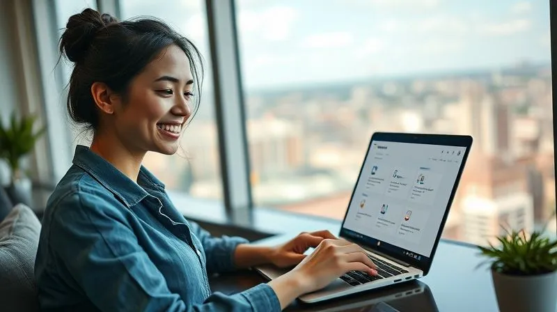 A photorealistic image of a female digital nomad, Sofia, smiling confidently while looking at her laptop screen, which displays a dashboard with various automated processes and positive client feedback. She is in a modern, light-filled home office overlooking a vibrant city, conveying success and efficiency. Cinematic lighting, sharp focus on Sofia and the screen, depth of field blurring the background, 8K hyper-detailed, professional photography, shot on a high-end DSLR.