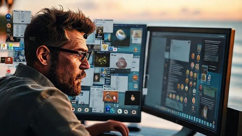A photorealistic image of a digital nomad looking frustrated at a chaotic desktop screen filled with overlapping windows, unorganized icons, and multiple communication apps. The background shows a beautiful but distant beach, highlighting the contrast between the desired freedom and the current digital overwhelm. Cinematic lighting, sharp focus on the screen and the nomad's expression, depth of field blurring the background, 8K hyper-detailed, professional photography, shot on a high-end DSLR.