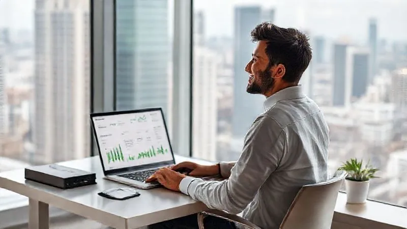 A photorealistic image of a digital nomad sitting calmly at a minimalist desk setup, a laptop open showing a clean, organized dashboard with various efficiency metrics and green upward-trending graphs. The nomad is smiling faintly, looking out a large window at a serene cityscape. The scene conveys a sense of control, peace, and continuous growth. Cinematic lighting, sharp focus on the nomad and dashboard, depth of field blurring the background, 8K hyper-detailed, professional photography, shot on a high-end DSLR.