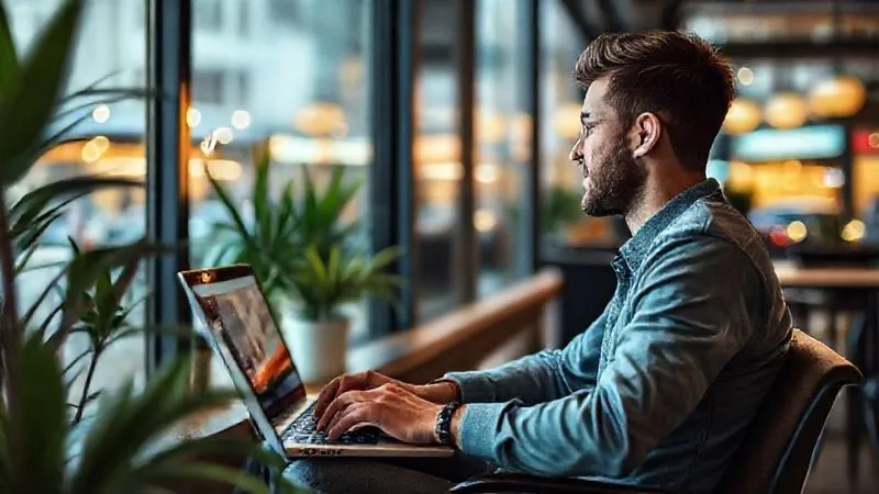 A photorealistic image of a digital nomad, with a serene and focused expression, sitting in a beautifully designed co-working space that blends modern tech with natural elements (e.g., plants, natural light). The nomad is looking at a laptop with a clear, organized screen, while also glancing towards a window showing a vibrant, bustling city street, symbolizing the perfect balance between structured work and the freedom of exploration. Cinematic lighting, sharp focus on the nomad and laptop, depth of field blurring the background, 8K hyper-detailed, professional photography, shot on a high-end DSLR.