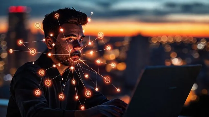 A photorealistic image of a digital nomad looking thoughtfully at a complex web of interconnected digital tools and applications, visualized as glowing lines and nodes on a transparent overlay in front of a laptop screen. The nomad's expression is one of problem-solving and clarity emerging from complexity. The background is a blurred, vibrant cityscape at dusk. Cinematic lighting, sharp focus on the nomad and the glowing digital web, depth of field blurring the background, 8K hyper-detailed, professional photography, shot on a high-end DSLR.