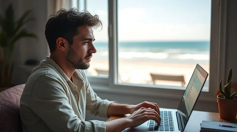 photorealistic, professional photography, 8K, cinematic lighting, sharp focus, depth of field shot of a digital nomad sitting at a laptop, looking conflicted. One eye is focused on the screen with task lists, while the other eye gazes longingly at a vibrant, sun-drenched beach scene visible through a window, representing the internal struggle between work and exploration.