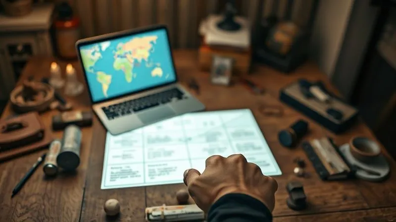 A photorealistic, professional photography, 8K, cinematic lighting, sharp focus, depth of field shot of a digital nomad's hand hovering over a stylized, glowing Eisenhower Matrix projected onto a rustic wooden table, surrounded by travel souvenirs and a focused laptop screen. The matrix clearly categorizes tasks, symbolizing strategic decision-making.