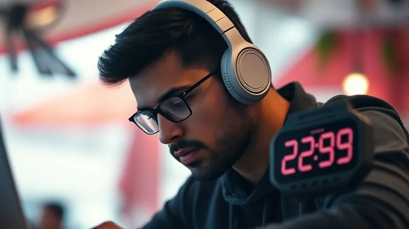 A photorealistic, professional photography, 8K, cinematic lighting, sharp focus, depth of field shot of a digital nomad deeply focused on a task, wearing noise-canceling headphones, with a sleek digital timer prominently displayed on the screen or desk, indicating a focused work session. The background is softly blurred but hints at a vibrant, exotic location.