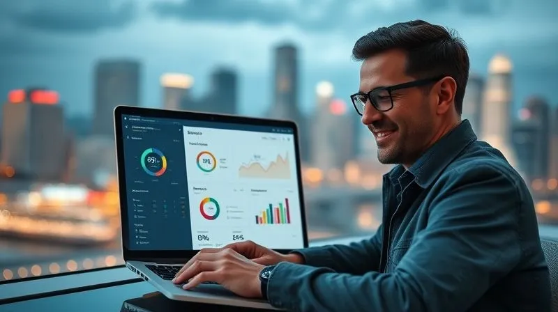 A photorealistic, professional photography, 8K, cinematic lighting, sharp focus, depth of field shot of a digital nomad reviewing a detailed digital dashboard on a laptop screen, showing progress charts and task completion rates. The nomad has a thoughtful, satisfied expression, with a vibrant city skyline blurred in the background, symbolizing successful navigation of a dynamic environment.