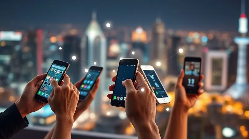 A photorealistic image of a diverse group of hands holding various digital devices (smartphone, tablet, laptop) displaying different social networking interfaces, connected by glowing lines of light, against a blurred background of international cityscapes. Cinematic lighting, sharp focus on the devices and connections, 8K hyper-detailed.