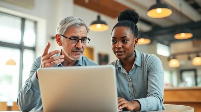 A photorealistic image of two diverse professionals, one slightly older and one younger, engaged in a deep conversation over a laptop in a bright, modern cafe setting. The older individual is gesturing supportively, while the younger one listens intently. Cinematic lighting, sharp focus on their faces and interaction, depth of field blurring the background, 8K hyper-detailed. Emphasize mentorship and guidance.