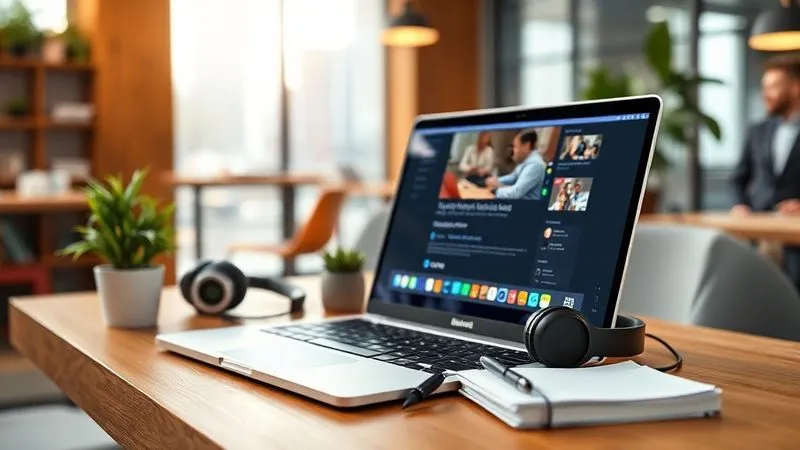 A photorealistic image of a minimalist, highly organized digital nomad workspace setup in a vibrant co-working space, with a laptop, an external monitor displaying a course module, noise-cancelling headphones, a plant, and a neatly arranged notebook and pen. The background shows a blurry but appealing cityscape. Cinematic lighting, sharp focus on the workspace, depth of field. Professional photography, 8K, shot on a high-end DSLR.