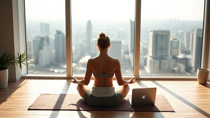 A photorealistic image of a serene digital nomad meditating peacefully on a yoga mat in a sunlit, minimalist apartment overlooking a vibrant city, with a laptop closed nearby. The atmosphere is calm and focused, symbolizing mental clarity and stress reduction. Cinematic lighting, sharp focus on the person, depth of field blurring the city in the background. Professional photography, 8K, shot on a high-end DSLR.