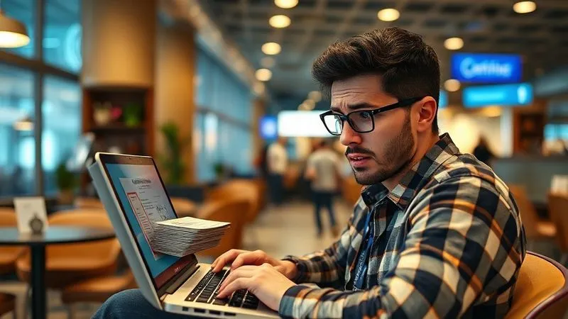 A photorealistic image of a frustrated digital nomad, laptop open, looking at a stack of digital certificates on screen with a questioning expression. The background shows a blend of a cozy cafe and a bustling airport lounge, symbolizing the nomadic lifestyle. Cinematic lighting, sharp focus on the nomad's face and screen, depth of field blurring the background, 8K hyper-detailed, professional photography, shot on a high-end DSLR.