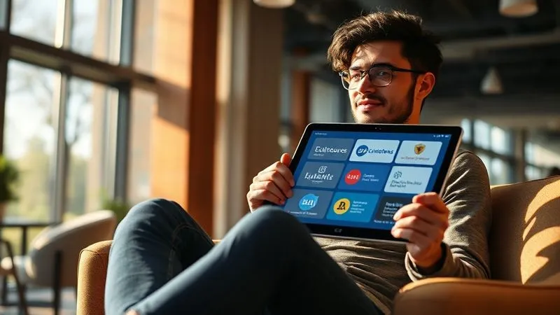 A photorealistic image of a digital nomad sitting comfortably in a modern co-working space, confidently selecting a course on a tablet. The screen displays logos of reputable e-learning platforms and universities. Sunlight streams through a large window. Cinematic lighting, sharp focus on the tablet and the nomad's thoughtful expression, depth of field blurring the background, 8K hyper-detailed, professional photography, shot on a high-end DSLR.