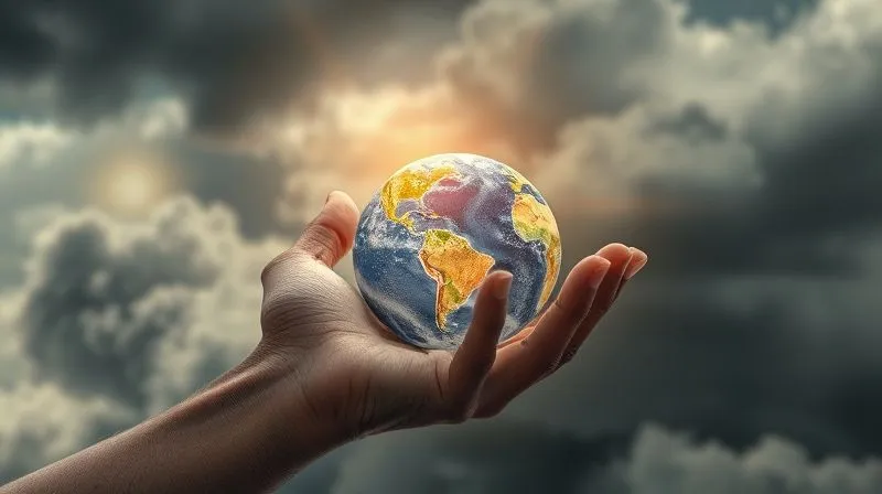 A photorealistic image of a weathered but determined hand gently shielding a small, glowing globe composed of various international currencies and financial charts, set against a blurred, turbulent background depicting abstract economic storm clouds. Cinematic lighting, sharp focus on the hand and globe, depth of field. Shot on a high-end DSLR, 8K hyper-detailed, professional photography.