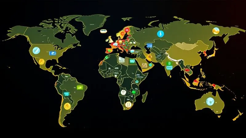 A photorealistic image of a world map made of various currencies and digital assets, with different continents highlighted, each representing a diverse investment portfolio. Cinematic lighting, sharp focus on the map and assets, depth of field. Shot on a high-end DSLR, 8K hyper-detailed, professional photography.