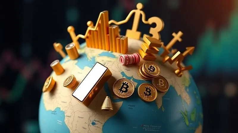 A photorealistic image of a diverse array of investment symbols (gold bars, stock charts, digital currency icons) strategically arranged on a globe, illustrating global financial resilience. Cinematic lighting, sharp focus on the symbols, depth of field. Shot on a high-end DSLR, 8K hyper-detailed, professional photography.