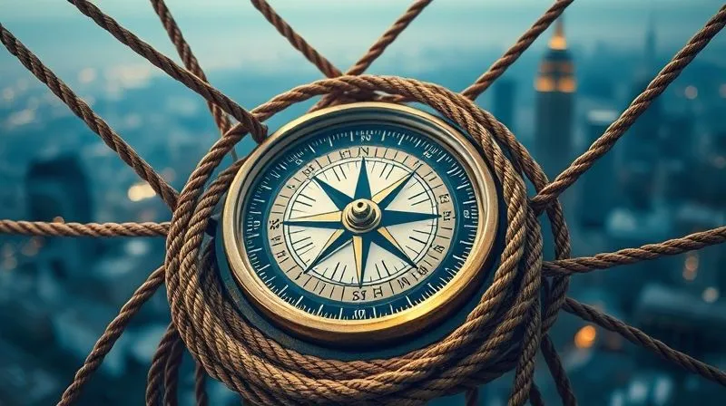 A photorealistic image of a compass pointing North, surrounded by a sturdy financial safety net made of intertwined ropes, with blurred international cityscapes in the background. Cinematic lighting, sharp focus on the compass and net, depth of field. Shot on a high-end DSLR, 8K hyper-detailed, professional photography.