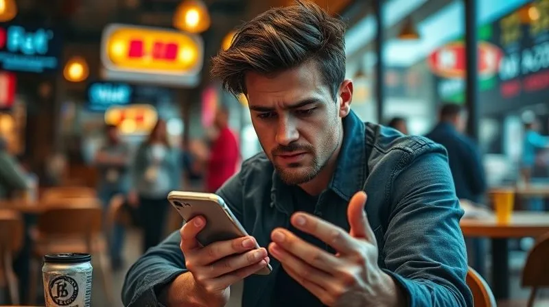 A photorealistic image of a digital nomad sitting in a vibrant cafe, looking concerned at a smartphone displaying fluctuating currency exchange rates and rising cost indicators, with a blurred background of a bustling foreign market. Cinematic lighting, sharp focus on the individual and the phone, with a shallow depth of field. Professional photography, 8K hyper-detailed.