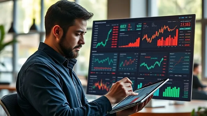 A photorealistic image of a digital nomad thoughtfully analyzing a complex financial dashboard on a tablet, with various charts and graphs indicating global market trends and diversified investment portfolios. The background is a serene, modern coworking space with natural light. Professional photography, 8K, cinematic lighting, sharp focus.
