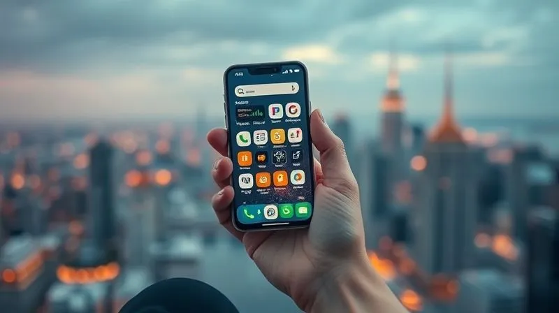 A photorealistic image of a digital nomad's hand holding a smartphone displaying various financial apps (banking, crypto, investment) with blurred global cityscapes in the background. The phone screen is sharp and clear, illuminated by soft cinematic light, showcasing a diversified portfolio. Professional photography, 8K, depth of field.
